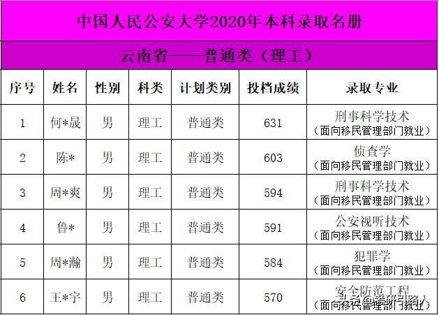 中国人民公安大学2020年本科录取名单（吉林重庆西藏云南山西青海安徽）